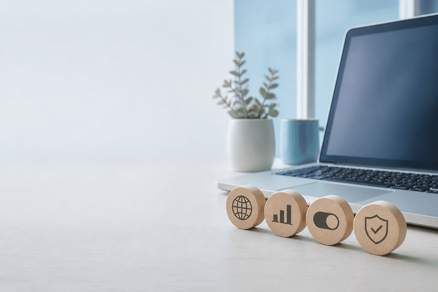 Notebook e controles de preferências de navegação sobre uma mesa clara.