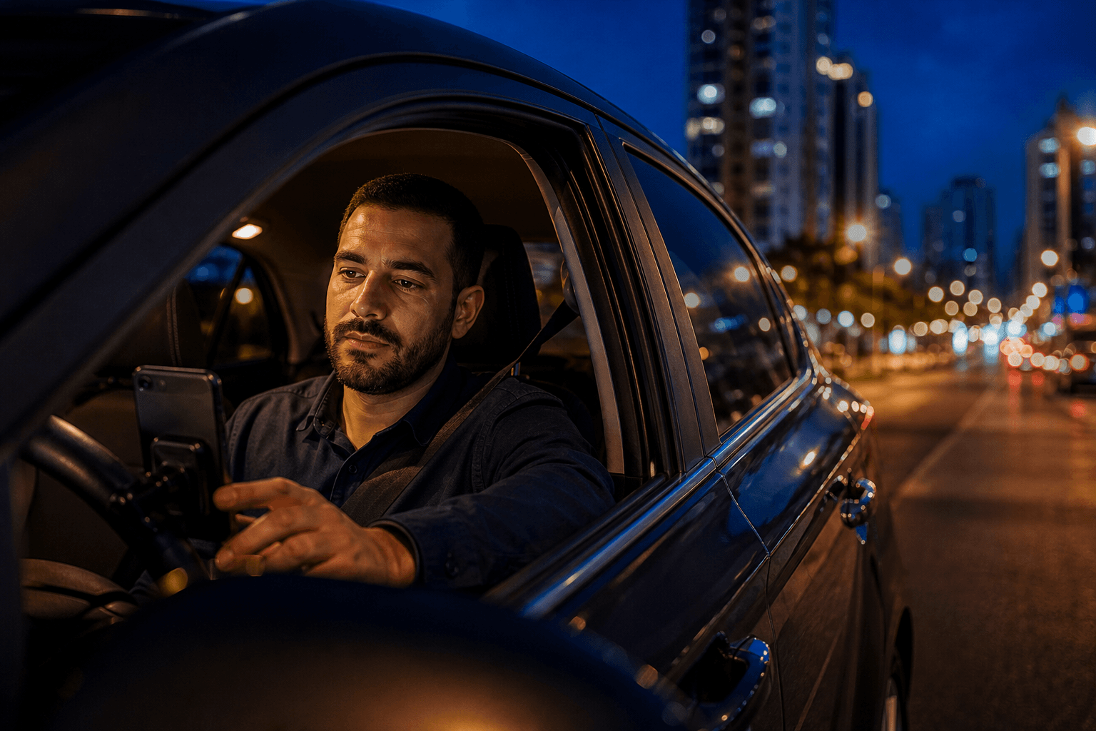 Motorista de aplicativo ao lado do carro durante a noite.